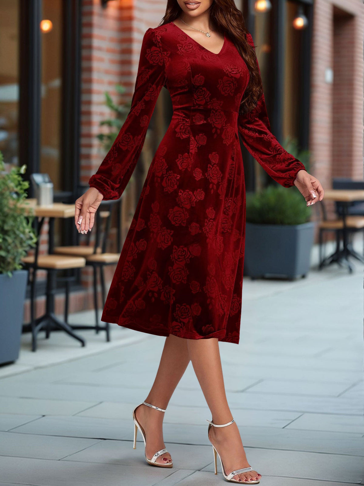 Velvet Embossed V Neck Puff Sleeves A-Line Dress