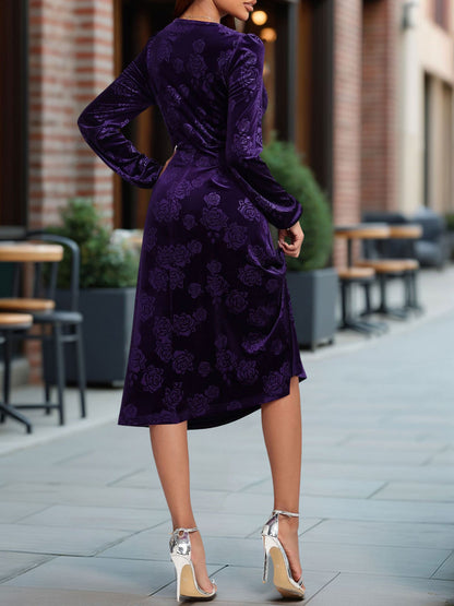 Velvet Embossed V Neck Puff Sleeves A-Line Dress