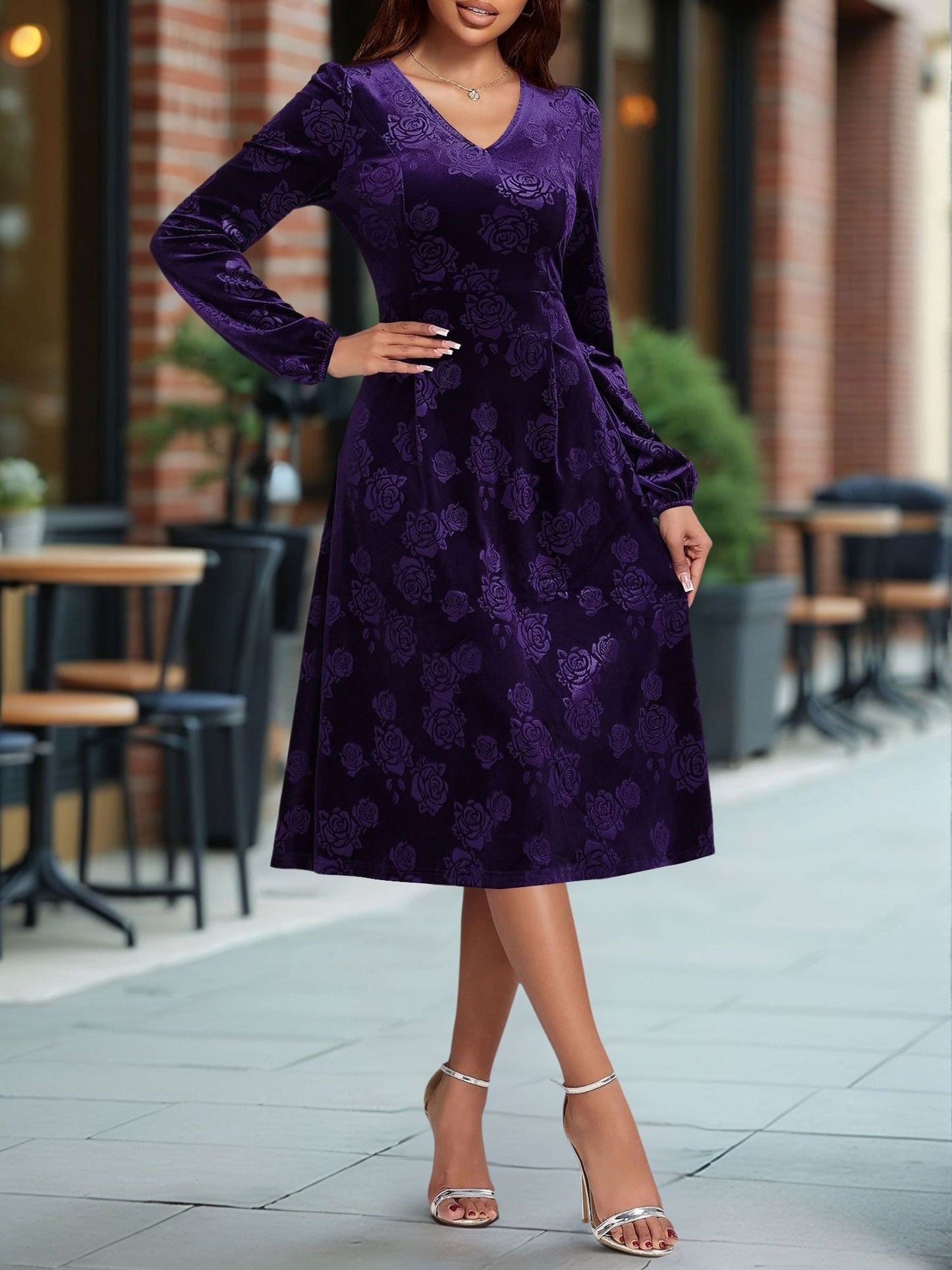 Velvet Embossed V Neck Puff Sleeves A-Line Dress