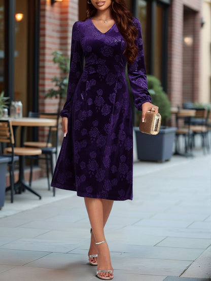 Velvet Embossed V Neck Puff Sleeves A-Line Dress
