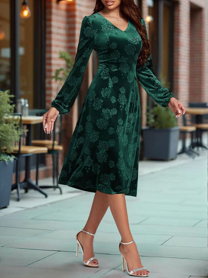 Velvet Embossed V Neck Puff Sleeves A-Line Dress