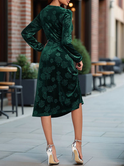 Velvet Embossed V Neck Puff Sleeves A-Line Dress