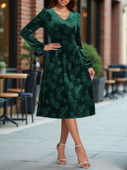 Velvet Embossed V Neck Puff Sleeves A-Line Dress