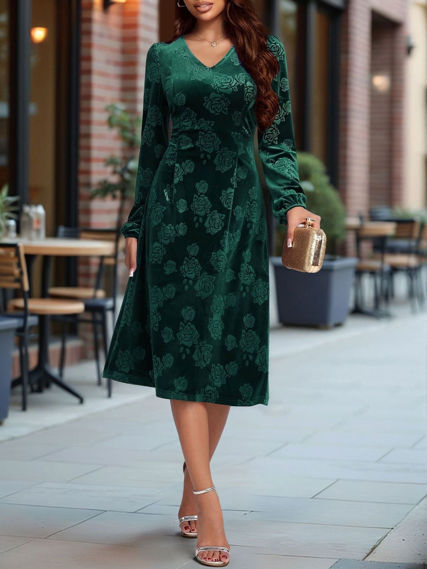 Velvet Embossed V Neck Puff Sleeves A-Line Dress