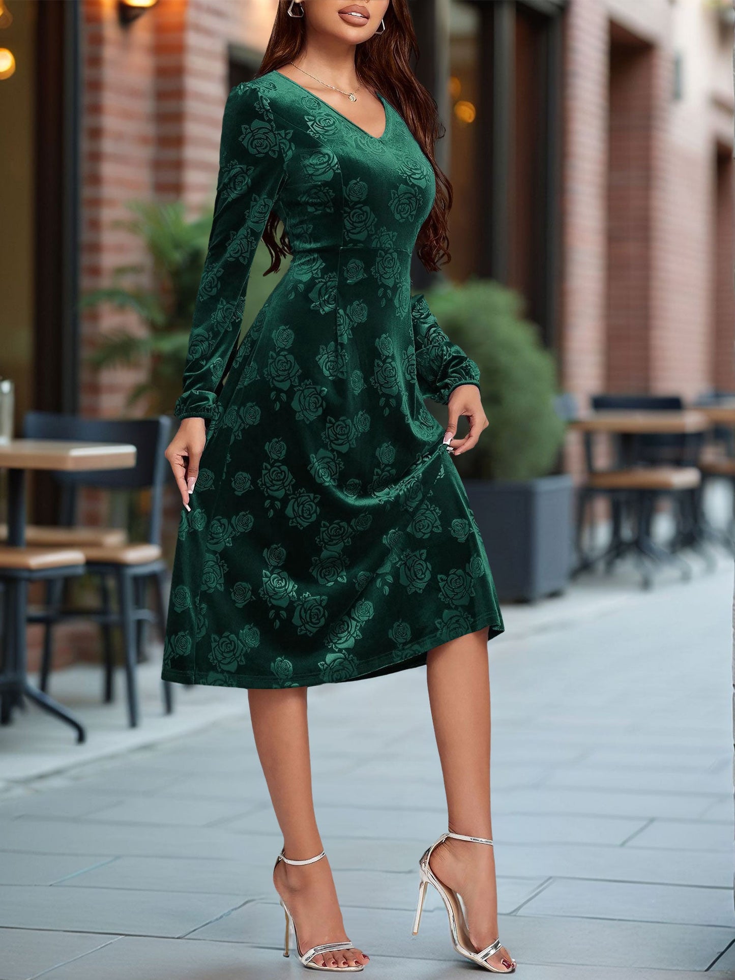 Velvet Embossed V Neck Puff Sleeves A-Line Dress