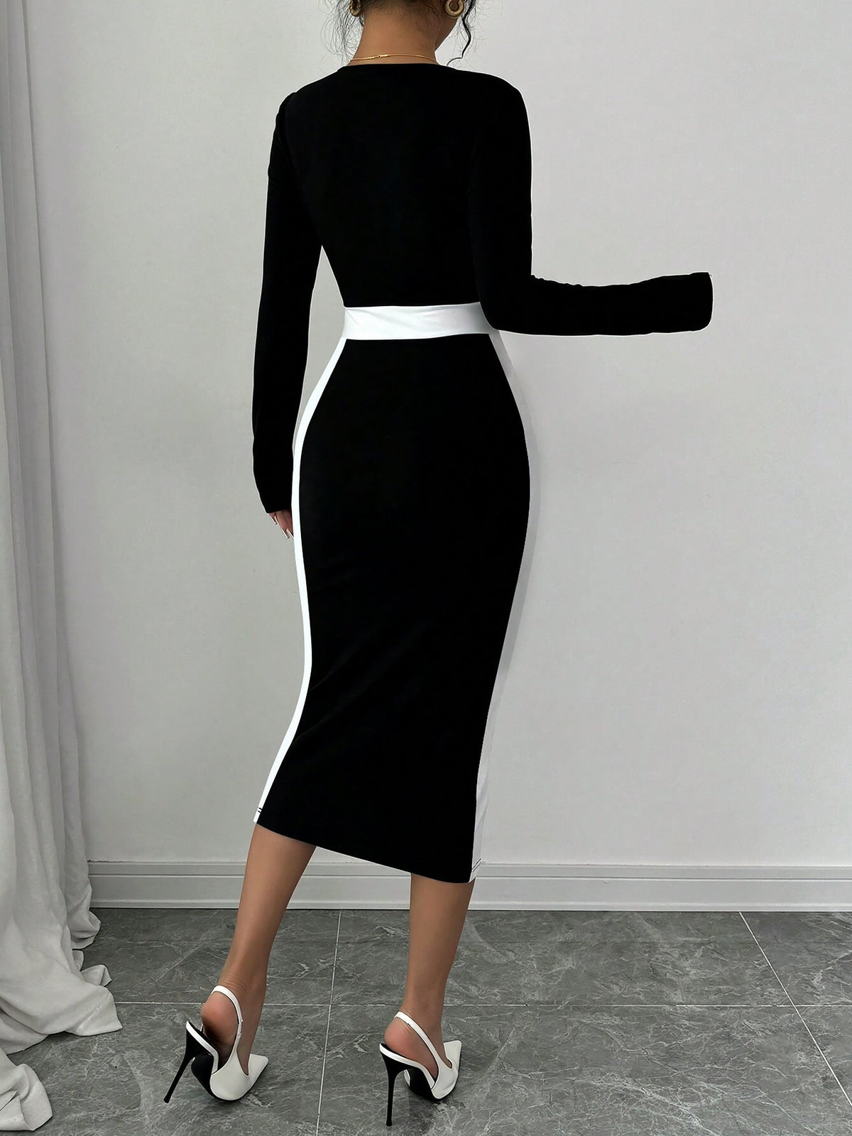 Square Neck Long Sleeves Colorblock Bodycon Dress