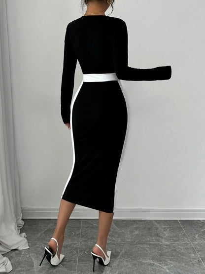 Square Neck Long Sleeves Colorblock Bodycon Dress