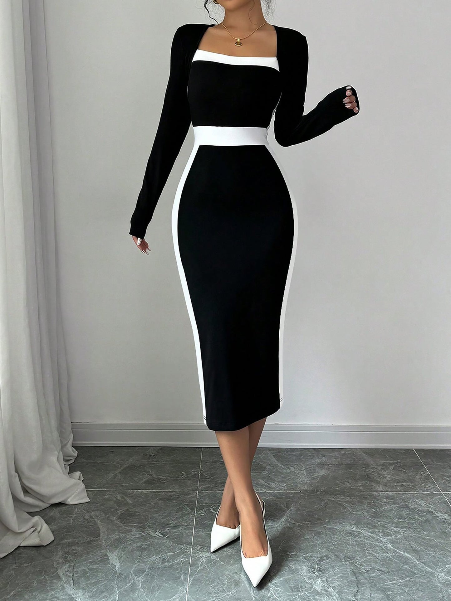 Square Neck Long Sleeves Colorblock Bodycon Dress