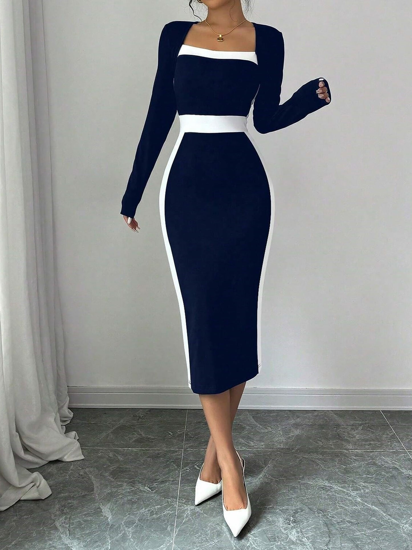 Square Neck Long Sleeves Colorblock Bodycon Dress