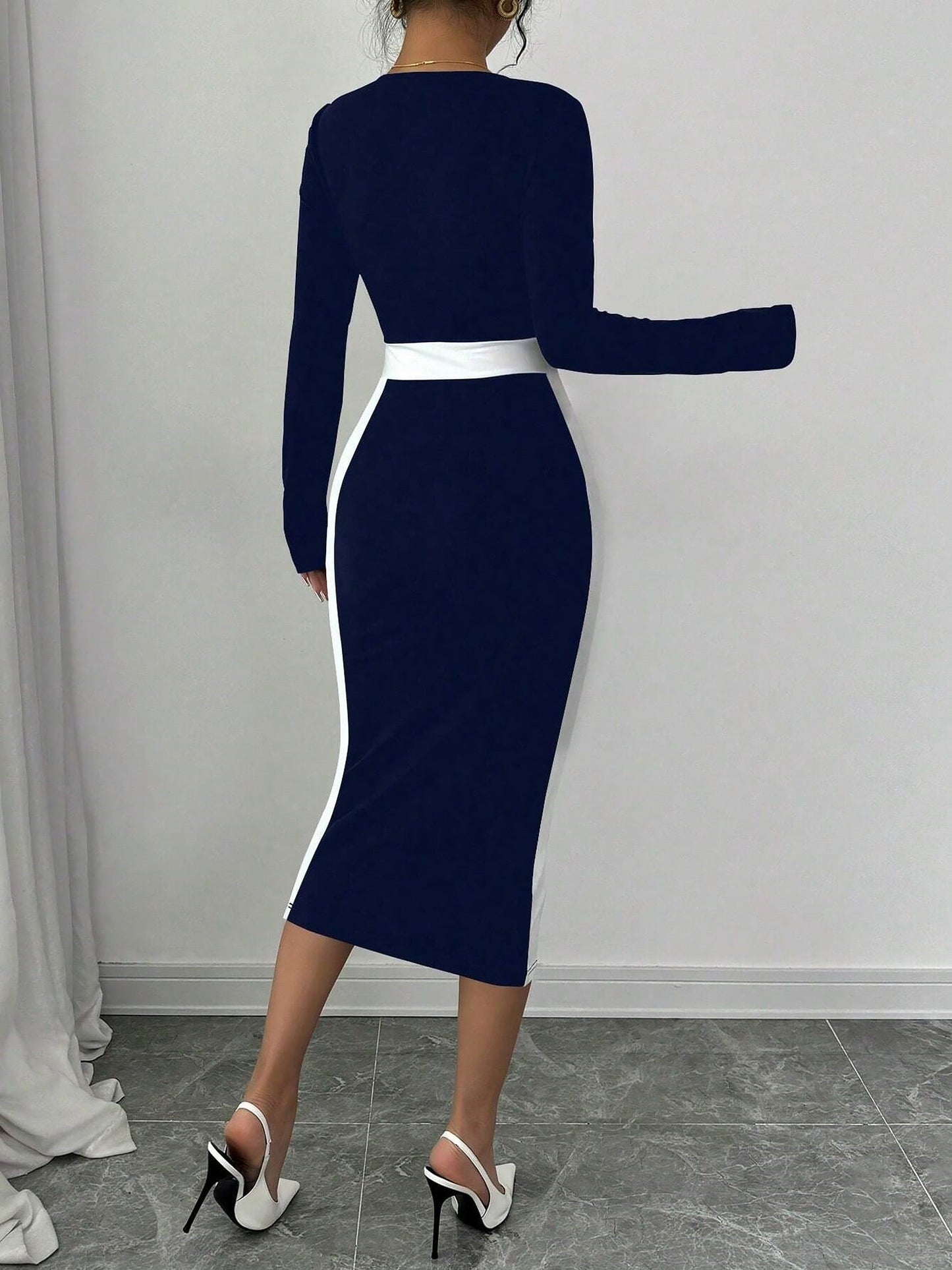 Square Neck Long Sleeves Colorblock Bodycon Dress