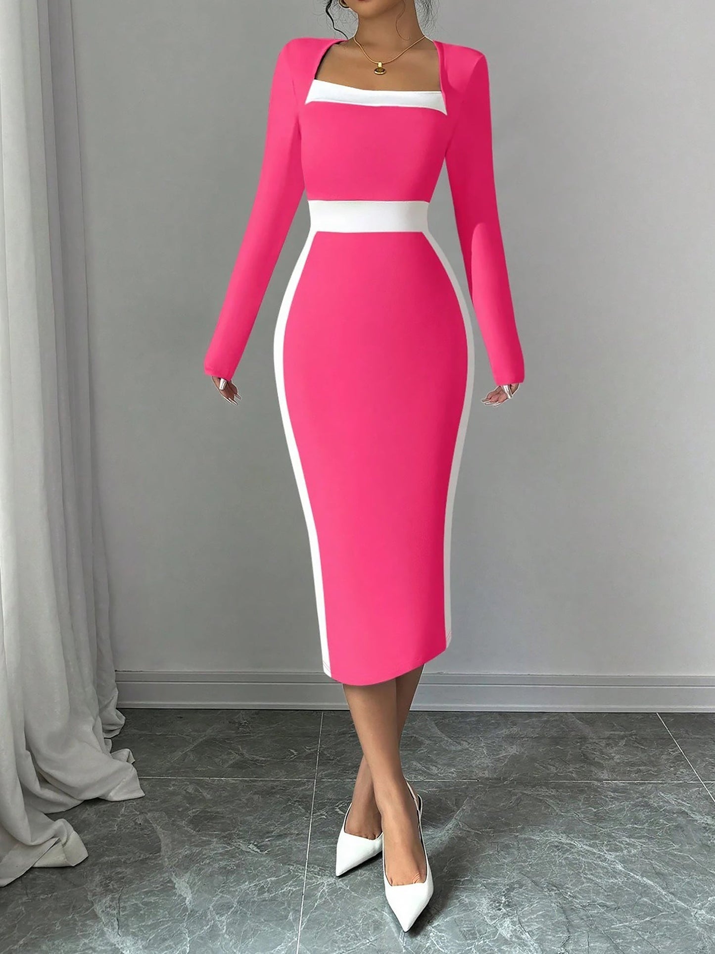 Square Neck Long Sleeves Colorblock Bodycon Dress