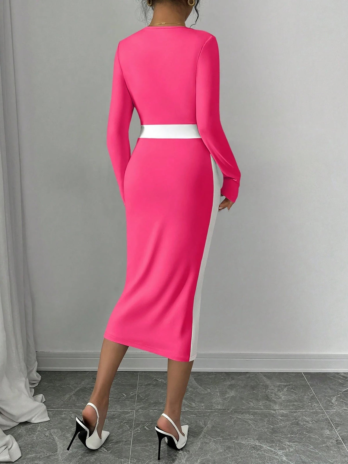 Square Neck Long Sleeves Colorblock Bodycon Dress