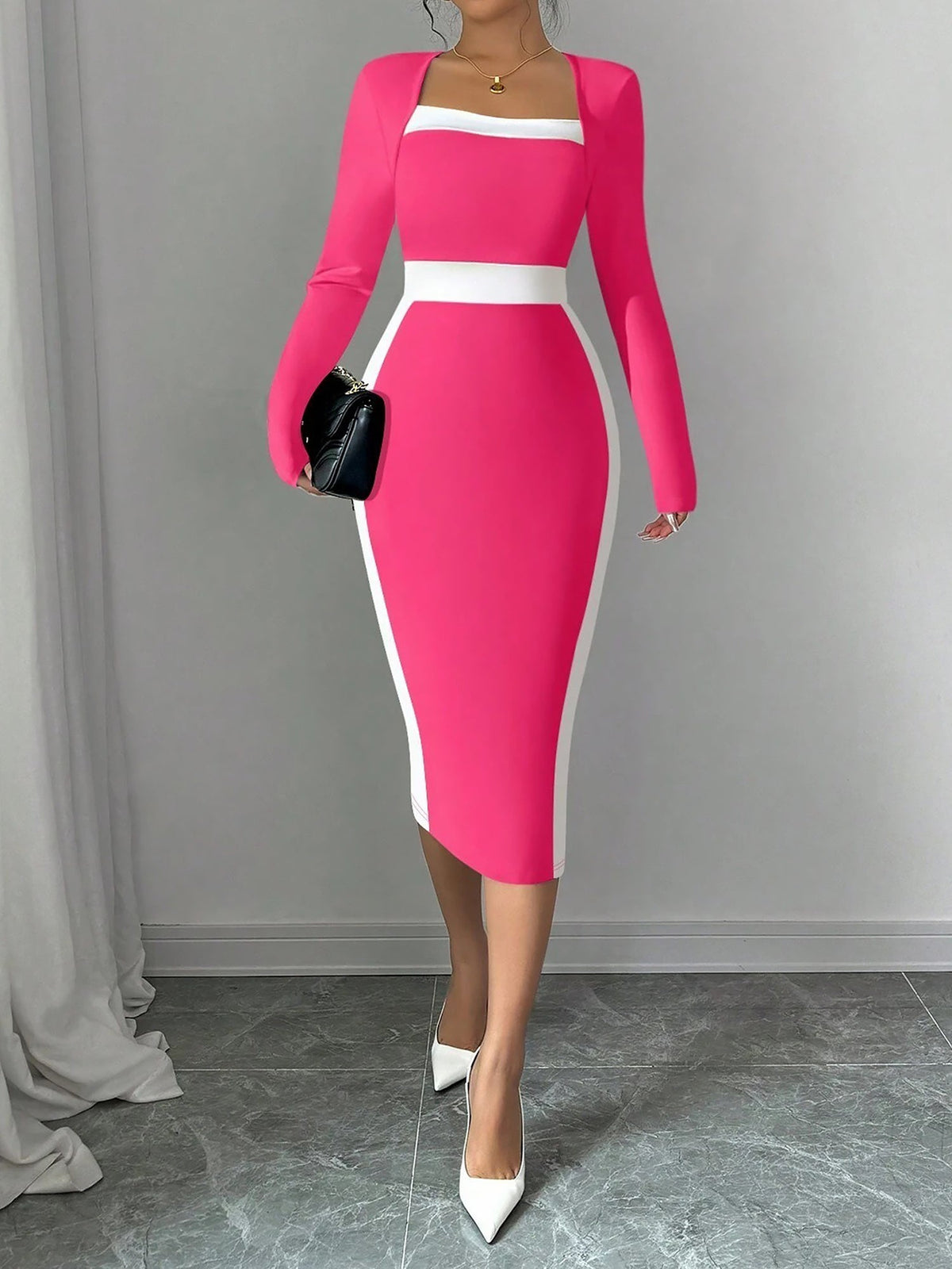 Square Neck Long Sleeves Colorblock Bodycon Dress