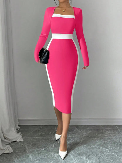 Square Neck Long Sleeves Colorblock Bodycon Dress