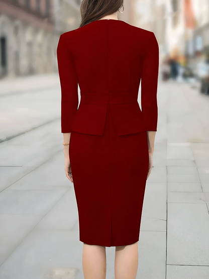 Solid Color 3/4 Sleeves Peplum Midi Sheath Dress