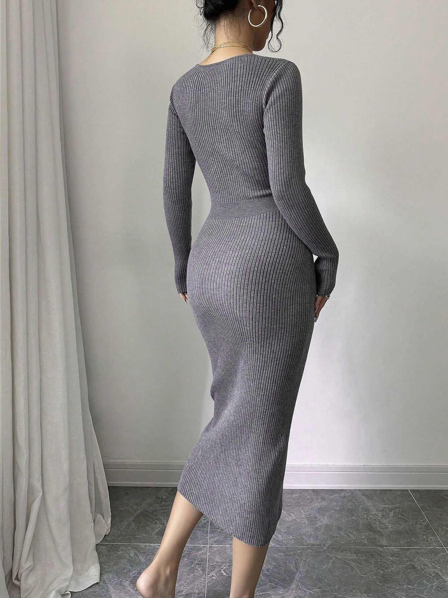 V Neck Long Sleeves Slit Bodycon Sweater Dress