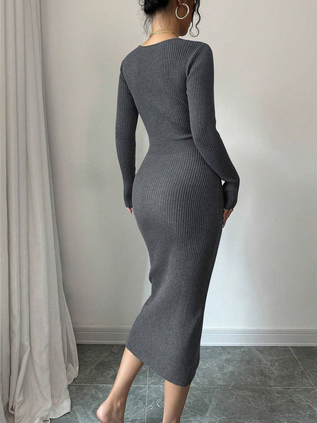 V Neck Long Sleeves Slit Bodycon Sweater Dress