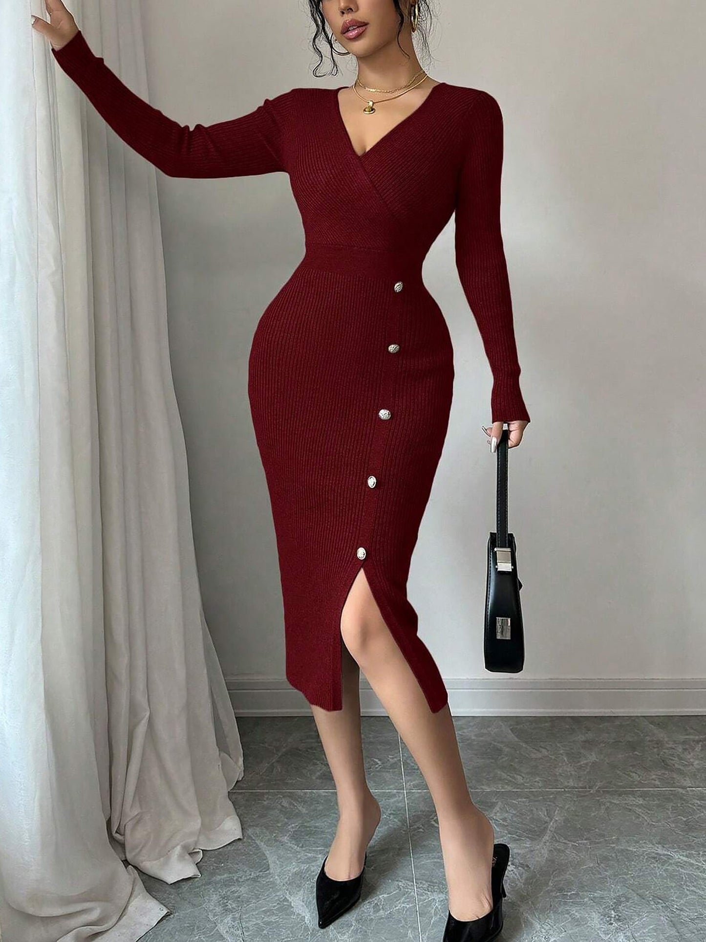 V Neck Long Sleeves Slit Bodycon Sweater Dress