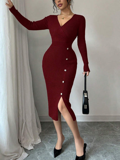 V Neck Long Sleeves Slit Bodycon Sweater Dress