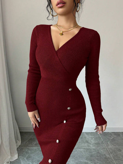 V Neck Long Sleeves Slit Bodycon Sweater Dress