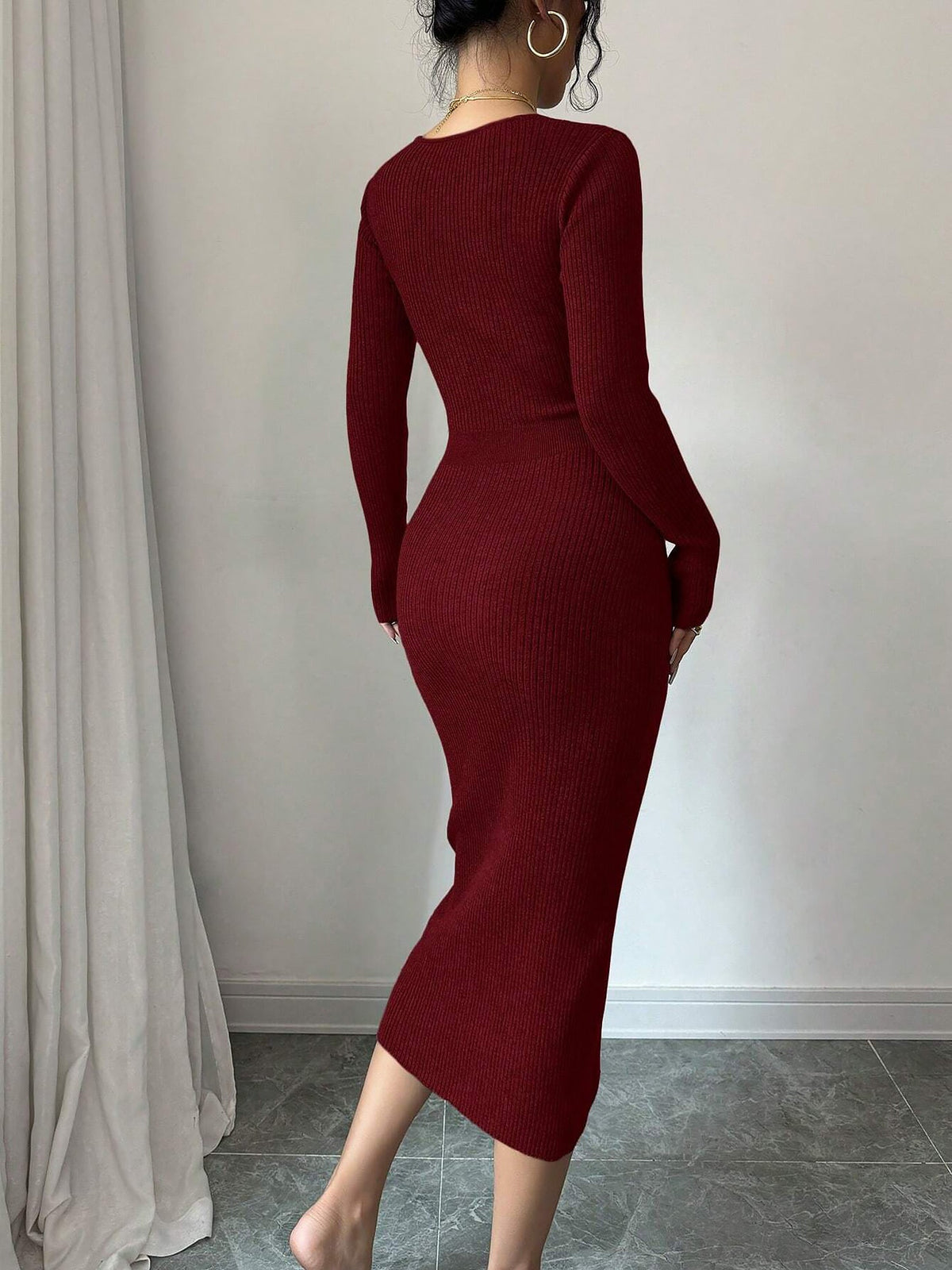 V Neck Long Sleeves Slit Bodycon Sweater Dress