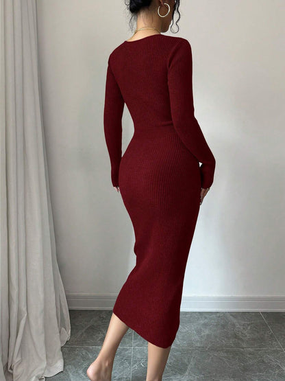 V Neck Long Sleeves Slit Bodycon Sweater Dress