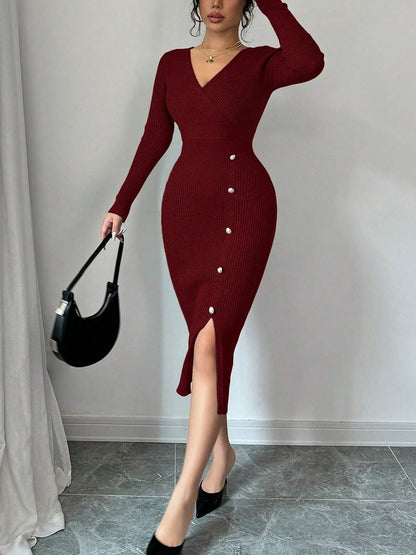 V Neck Long Sleeves Slit Bodycon Sweater Dress