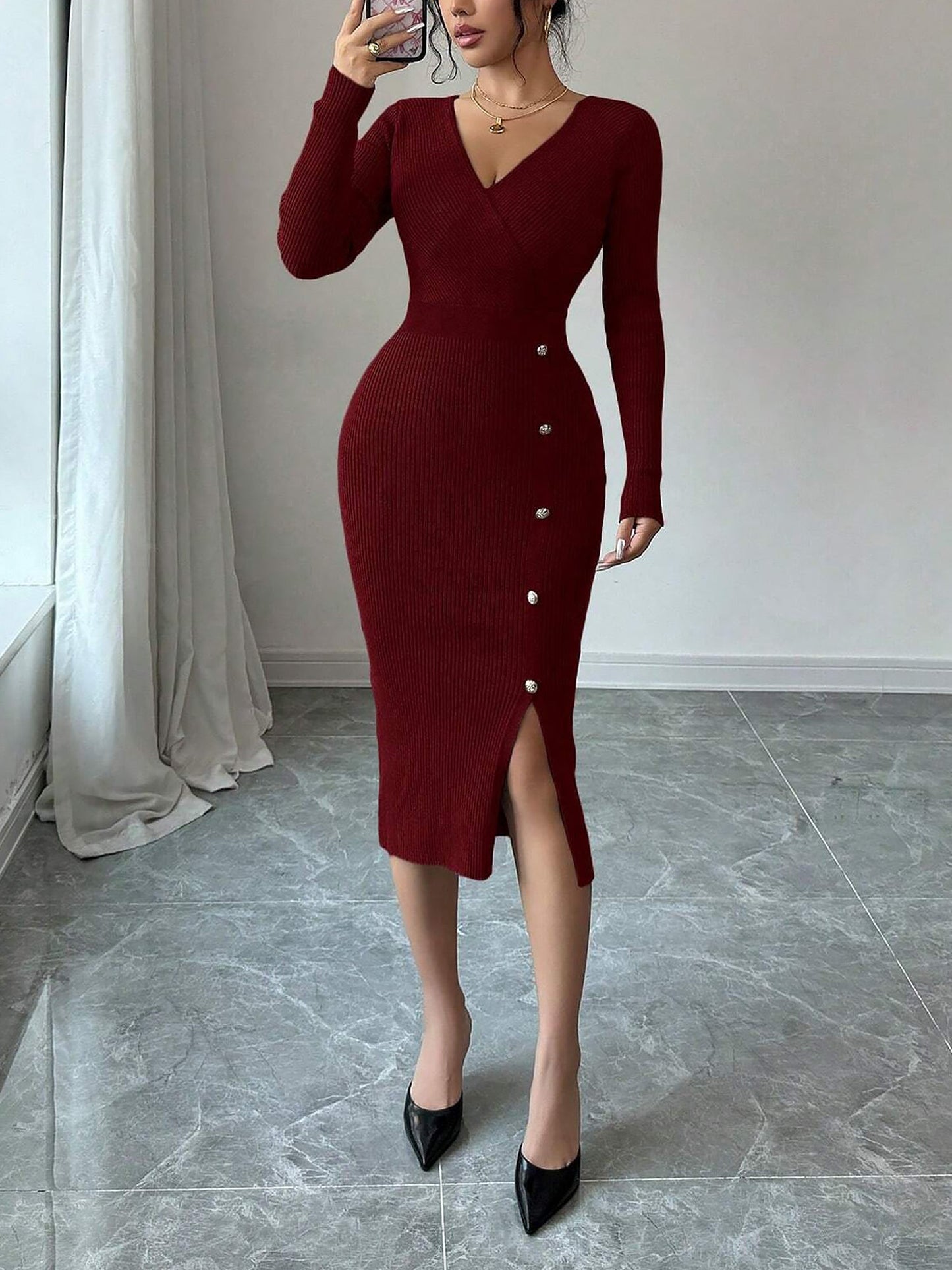 V Neck Long Sleeves Slit Bodycon Sweater Dress