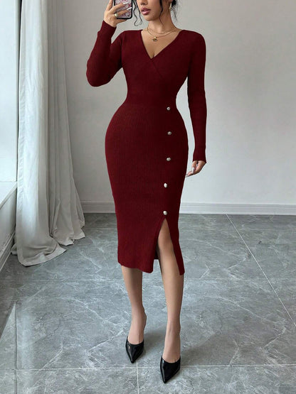 V Neck Long Sleeves Slit Bodycon Sweater Dress
