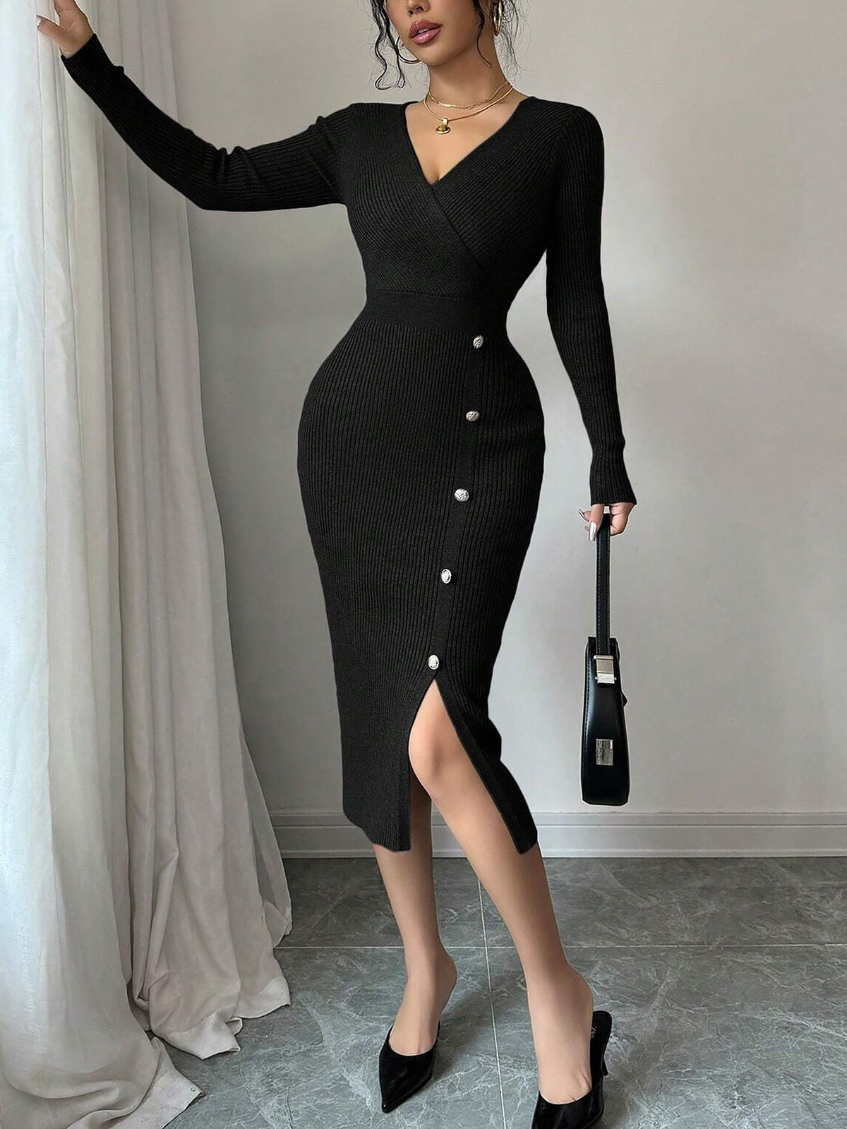 V Neck Long Sleeves Slit Bodycon Sweater Dress