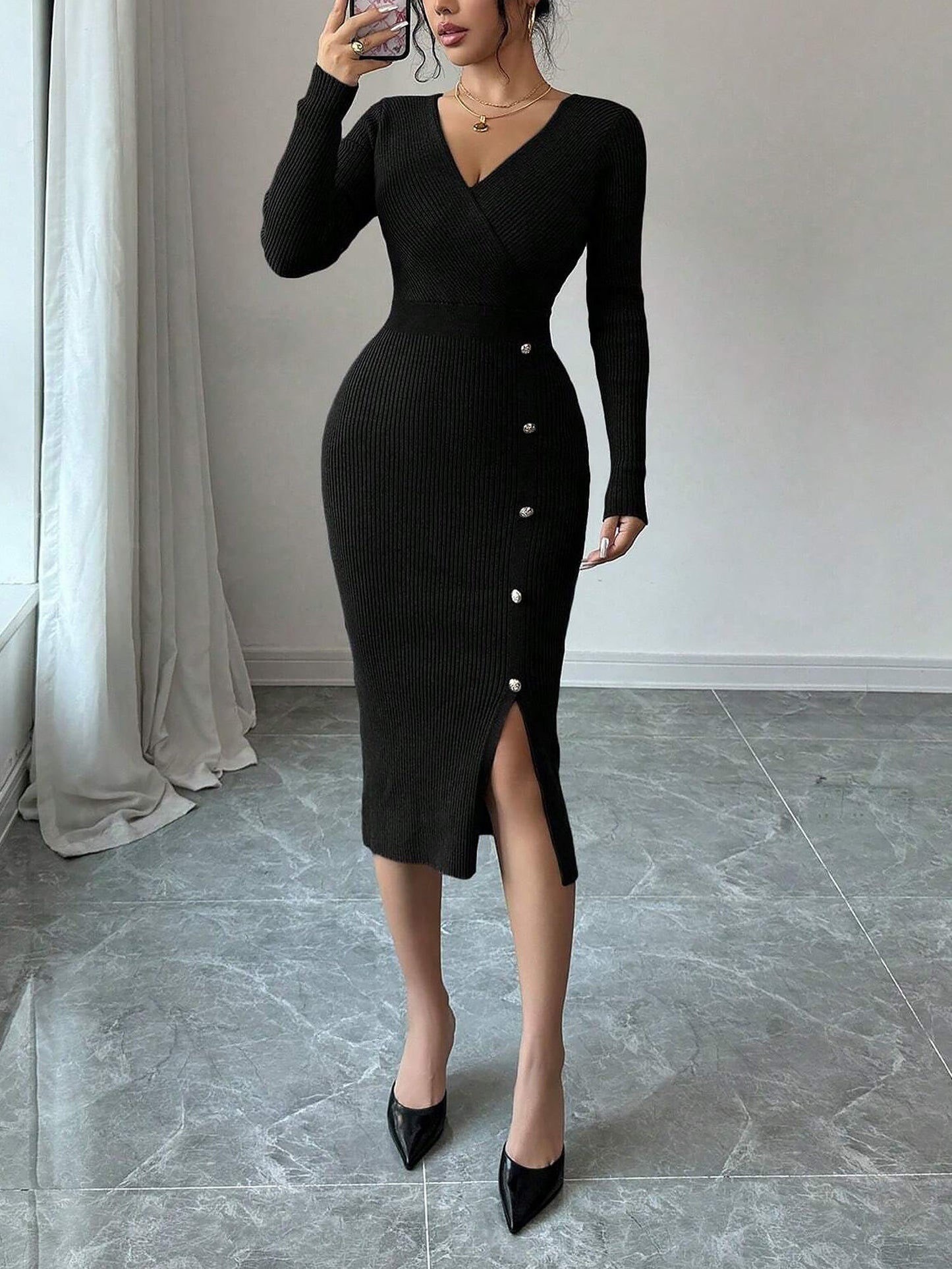 V Neck Long Sleeves Slit Bodycon Sweater Dress
