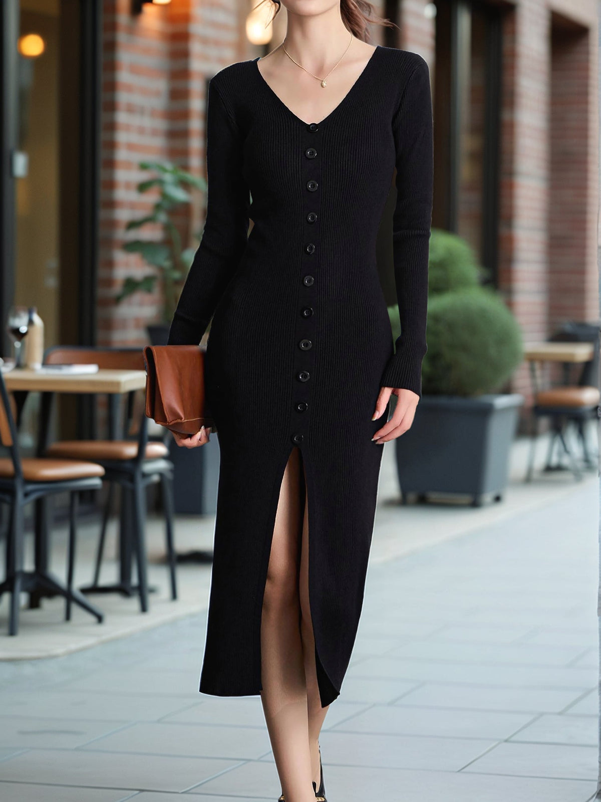 Long Sleeved Autumn Winter V Neck Knitted Dress Slim Elegant Single Breasted Hip Wrapped Mid Length Dress