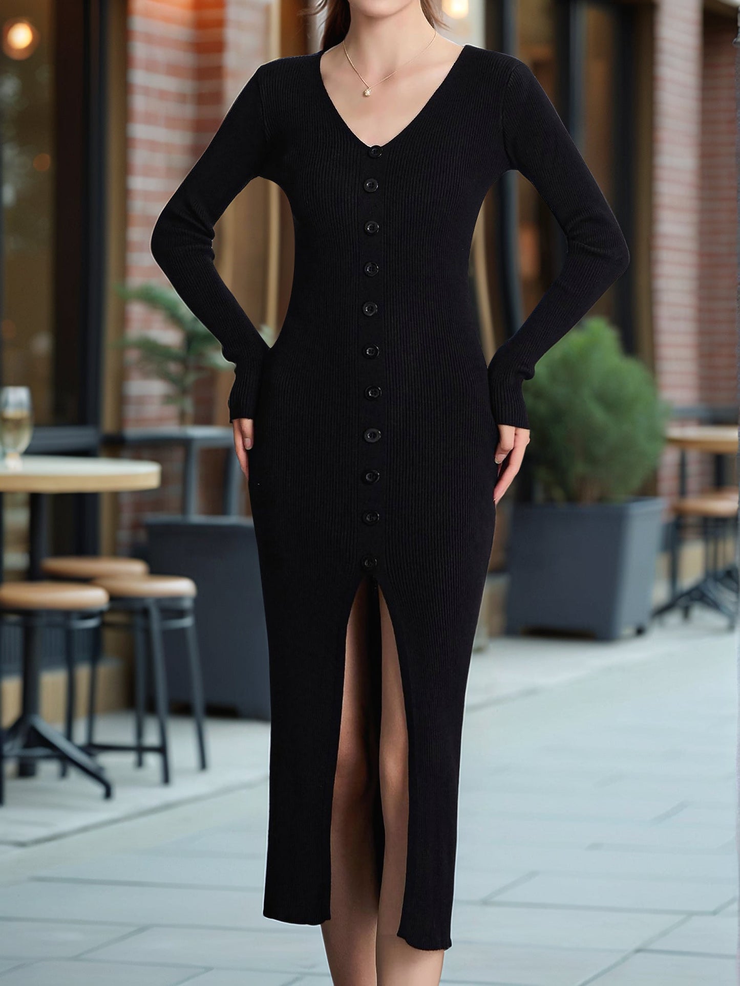 Long Sleeved Autumn Winter V Neck Knitted Dress Slim Elegant Single Breasted Hip Wrapped Mid Length Dress