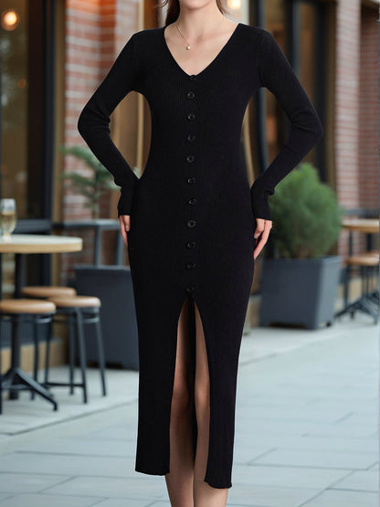 Long Sleeved Autumn Winter V Neck Knitted Dress Slim Elegant Single Breasted Hip Wrapped Mid Length Dress