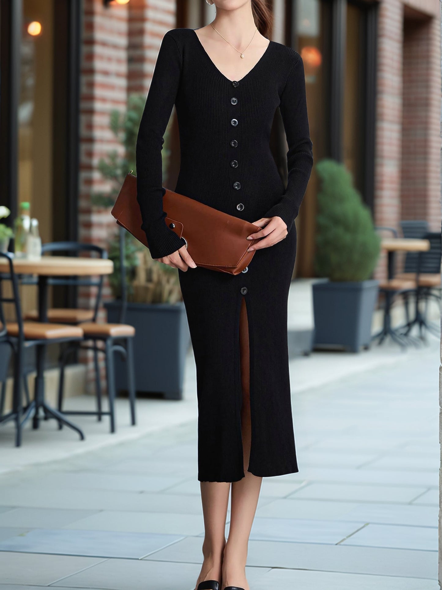 Long Sleeved Autumn Winter V Neck Knitted Dress Slim Elegant Single Breasted Hip Wrapped Mid Length Dress