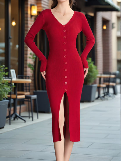 Long Sleeved Autumn Winter V Neck Knitted Dress Slim Elegant Single Breasted Hip Wrapped Mid Length Dress