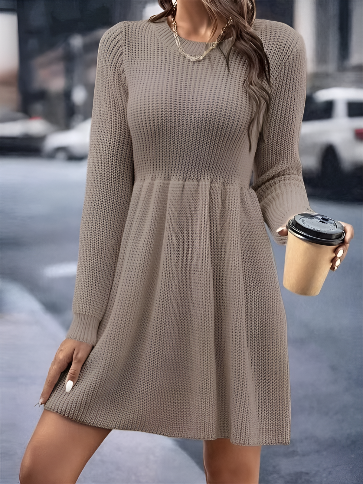 Round Neck Long Sleeves Solid Color Sweater Dress