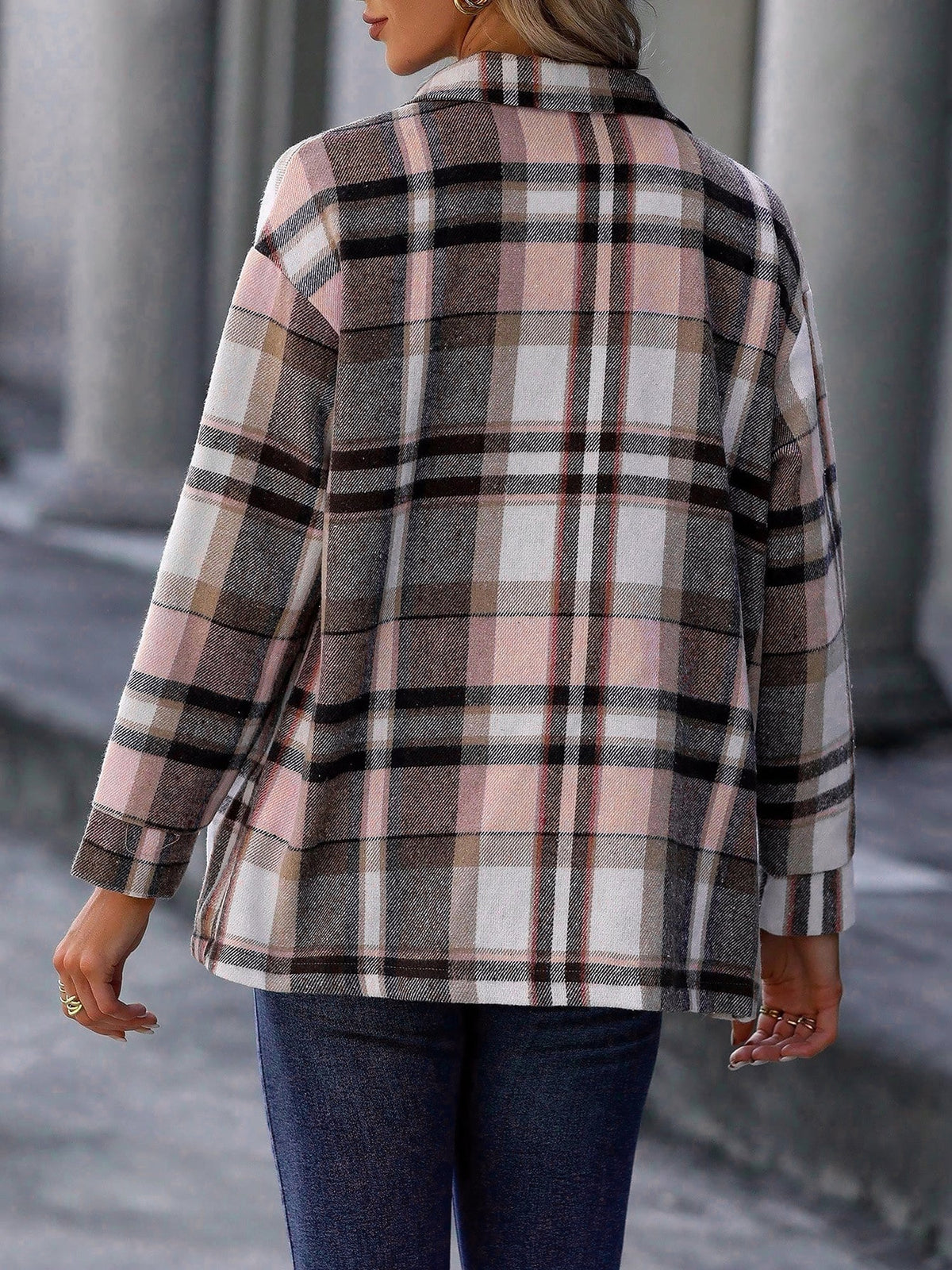 Plaid Button Down Long Sleeves Shirt Jacket Shacket