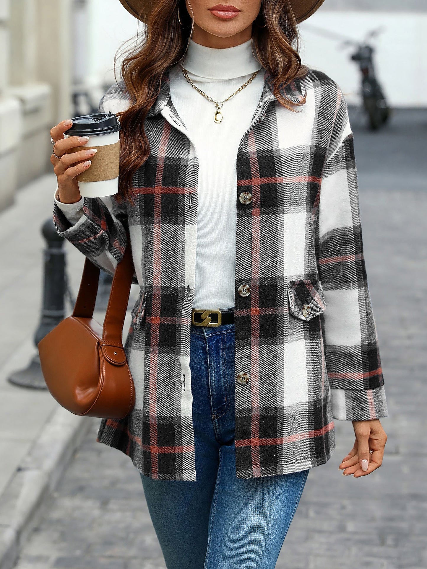 Plaid Button Down Long Sleeves Shirt Jacket Shacket