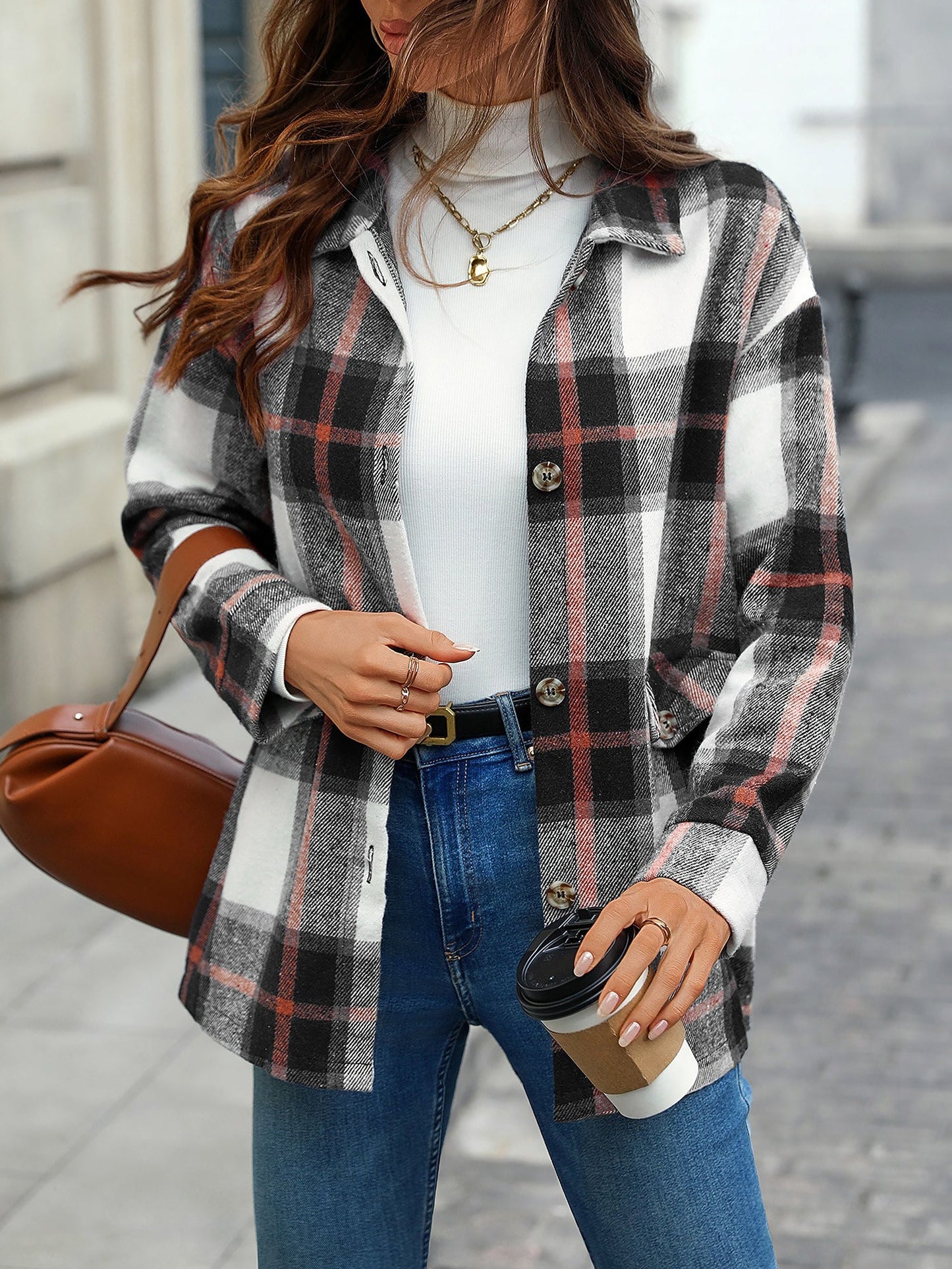 Plaid Button Down Long Sleeves Shirt Jacket Shacket