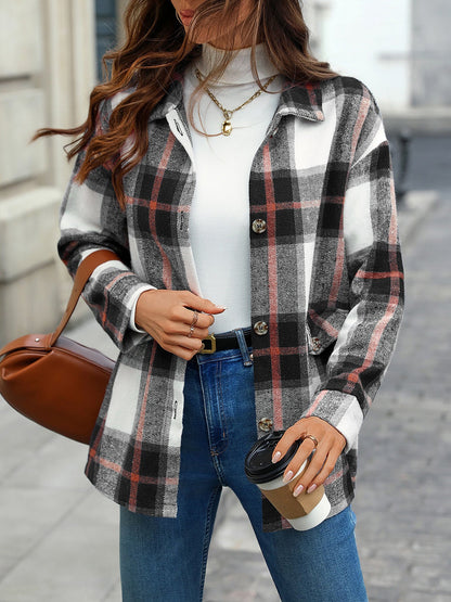 Plaid Button Down Long Sleeves Shirt Jacket Shacket