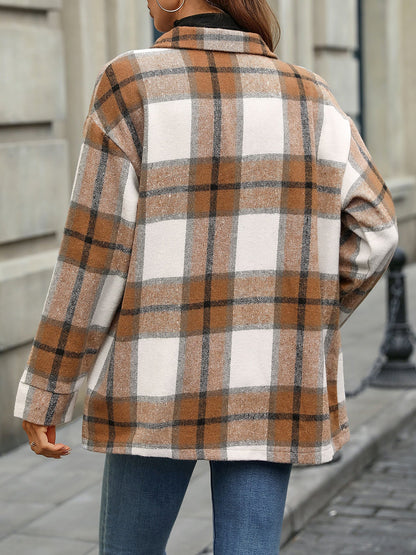 Plaid Button Down Long Sleeves Shirt Jacket Shacket