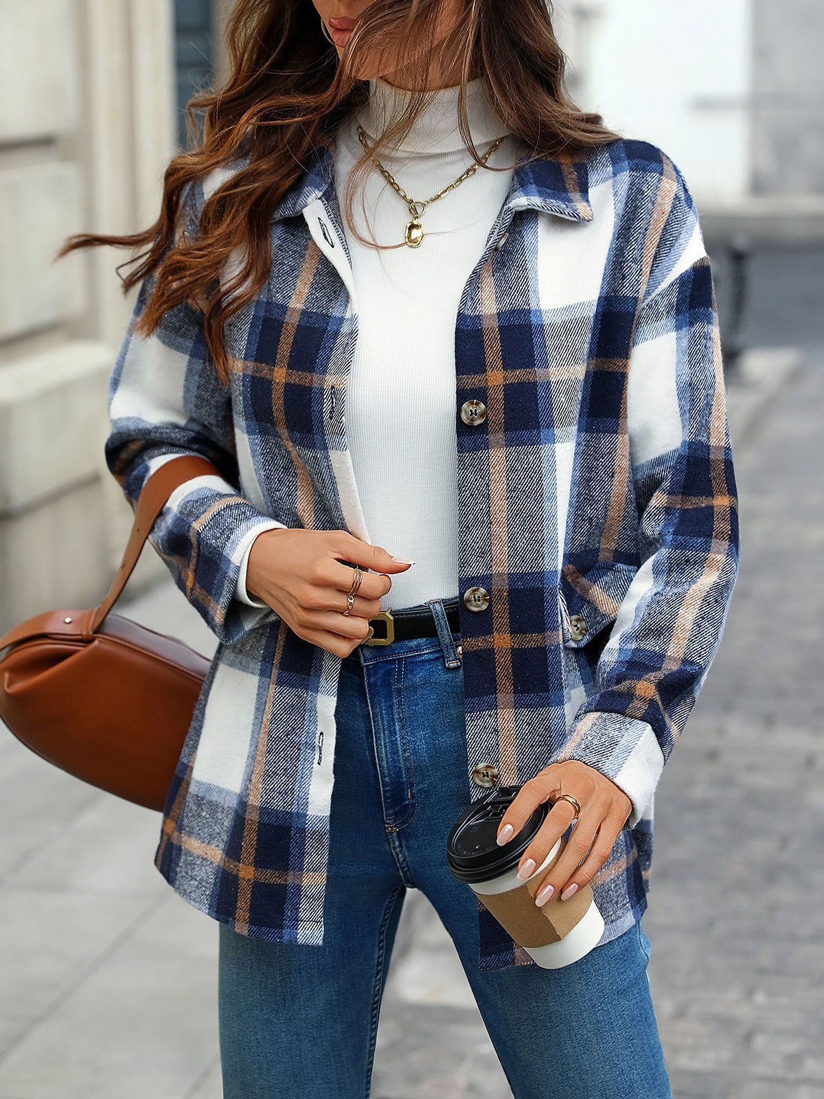 Plaid Button Down Long Sleeves Shirt Jacket Shacket