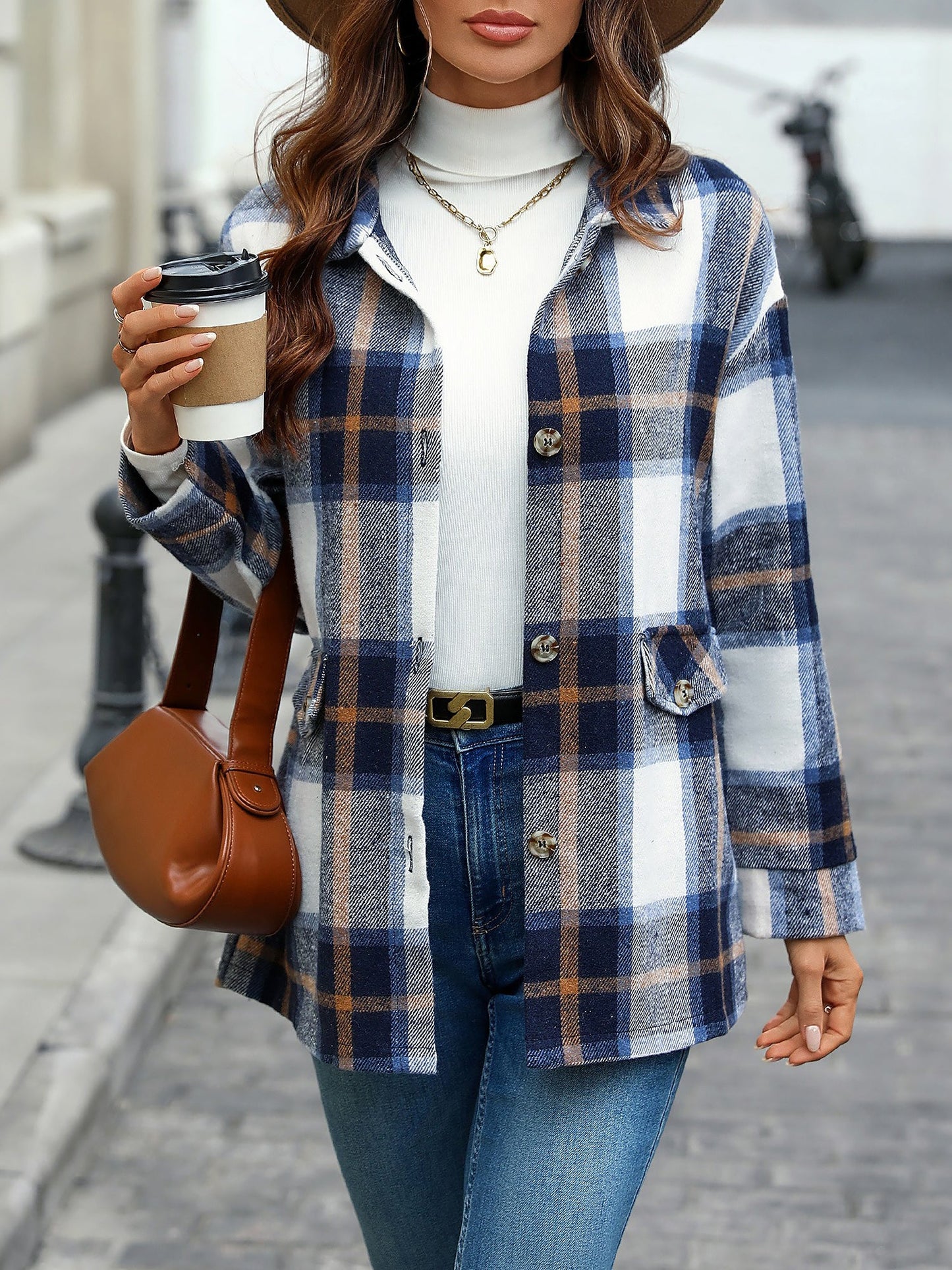 Plaid Button Down Long Sleeves Shirt Jacket Shacket