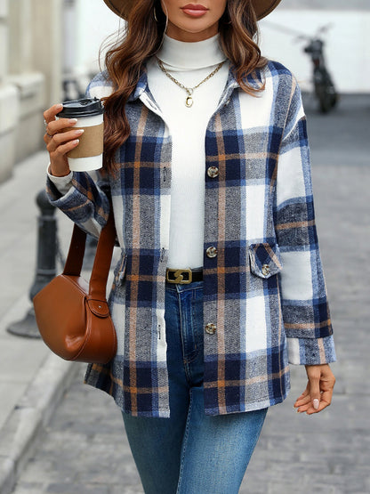 Plaid Button Down Long Sleeves Shirt Jacket Shacket