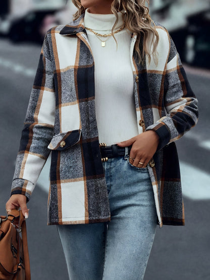 Plaid Button Down Long Sleeves Shirt Jacket Shacket