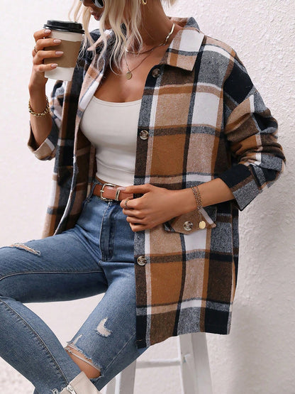 Plaid Button Down Long Sleeves Shirt Jacket Shacket
