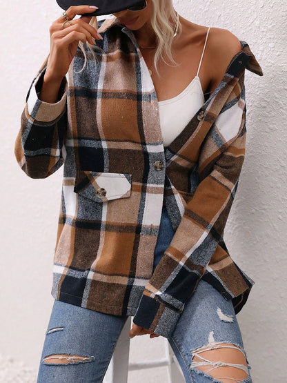 Plaid Button Down Long Sleeves Shirt Jacket Shacket