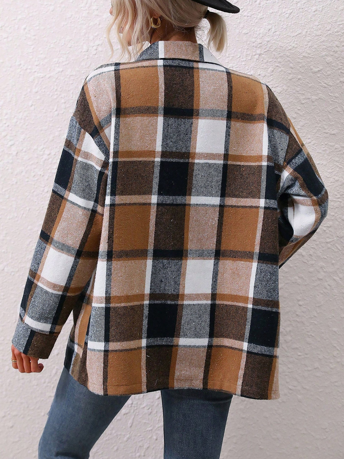 Plaid Button Down Long Sleeves Shirt Jacket Shacket