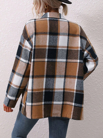 Plaid Button Down Long Sleeves Shirt Jacket Shacket